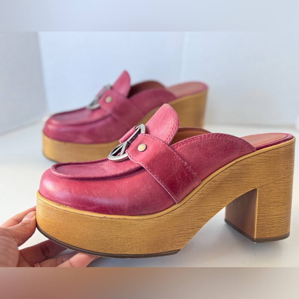 Lucky Brand Aleah Peace Sign Leather Wooden Chunky Platform Clog Mule Shoes 9 - Picture 6 of 12